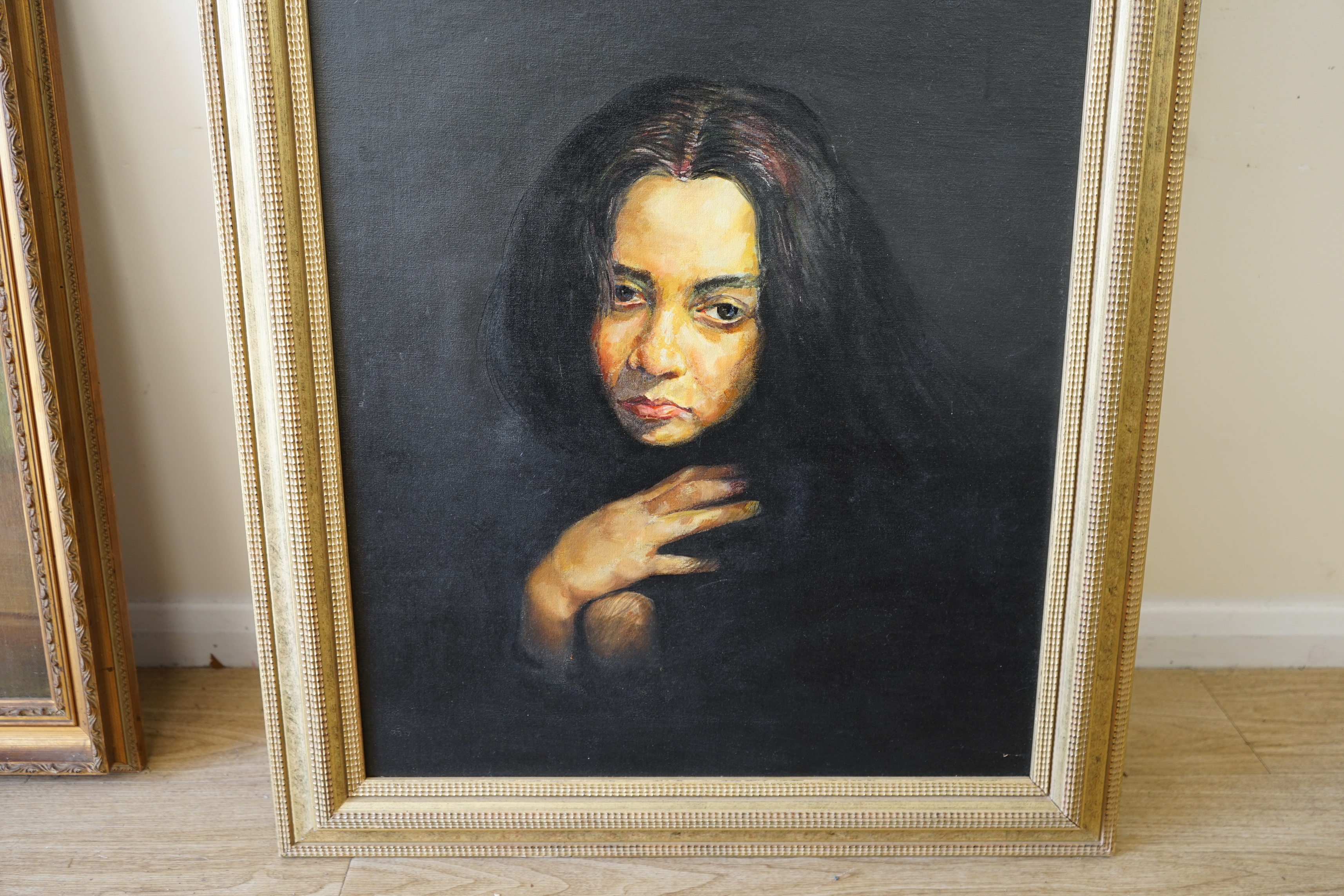 Anjan Banerjee, acrylic on board, Portrait of a young woman, inscribed verso, 71 x 56cm. Condition - good